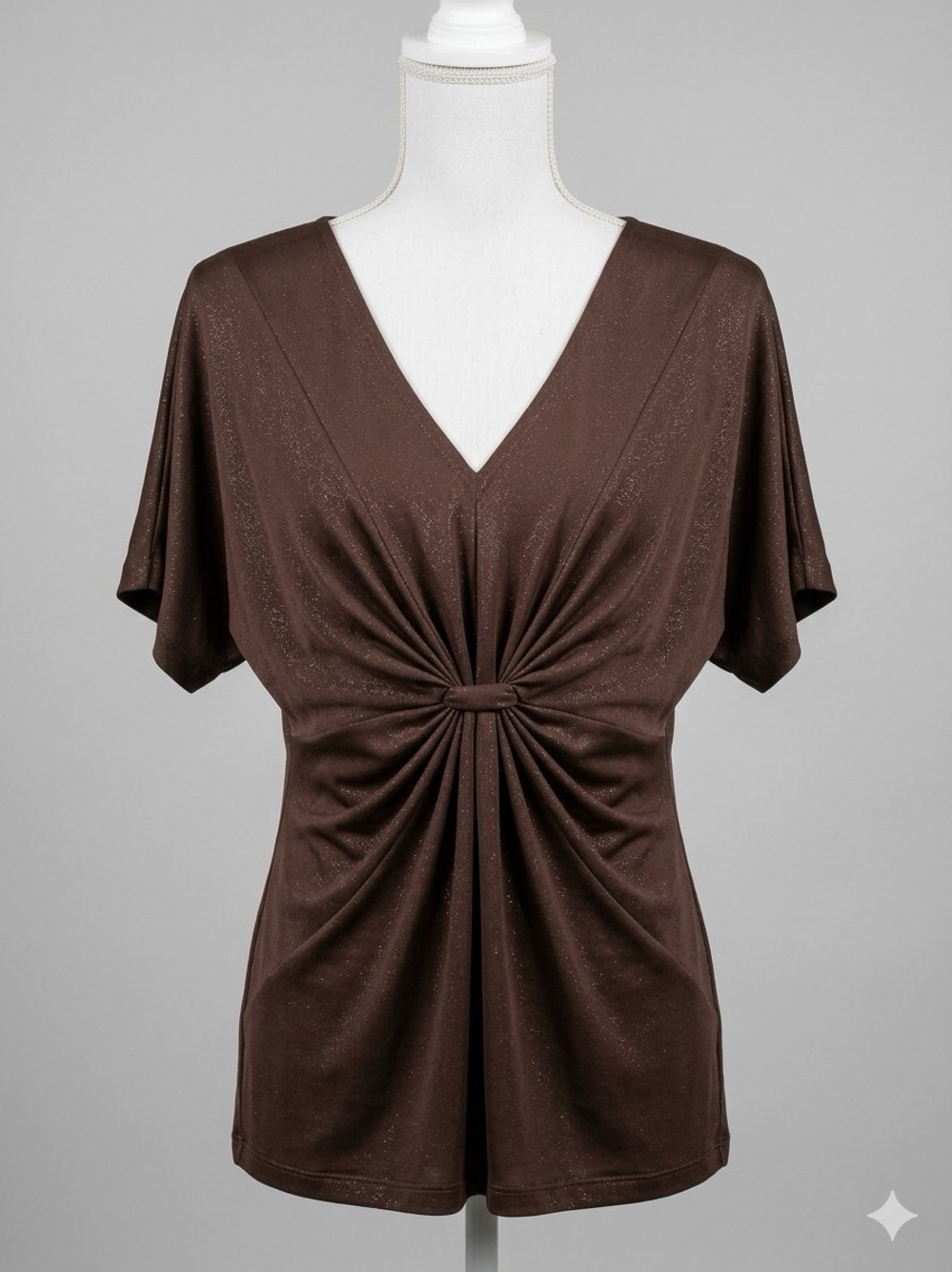 Tribal Brown V-Neck Knot-Front Short Sleeve Top